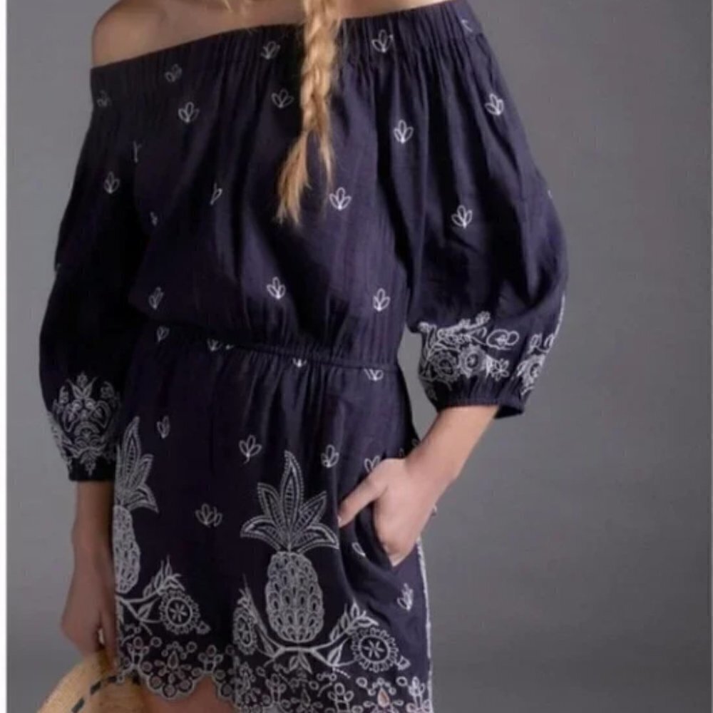 Farm Rio Anthro Jackie Embroidered Romper Linen Blend Off Shoulder